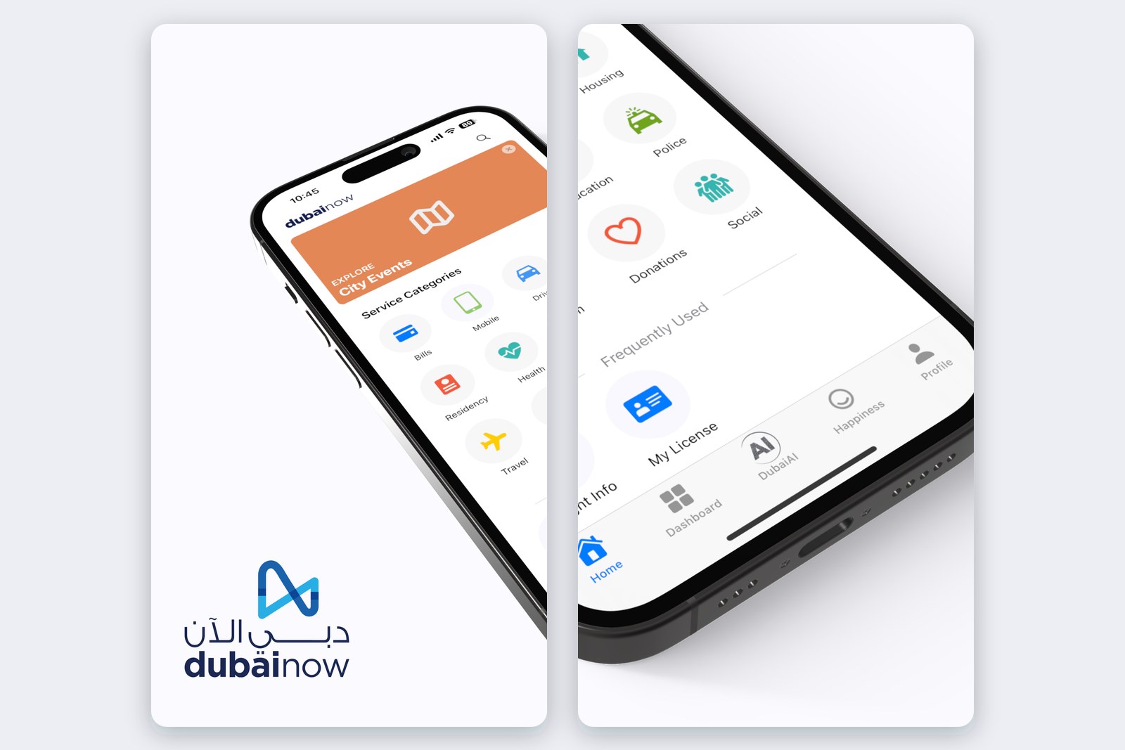 L'app DubaiNow: logo ufficiale e schermata delle categorie di servizi. Immagini: App Store / Digital Dubai