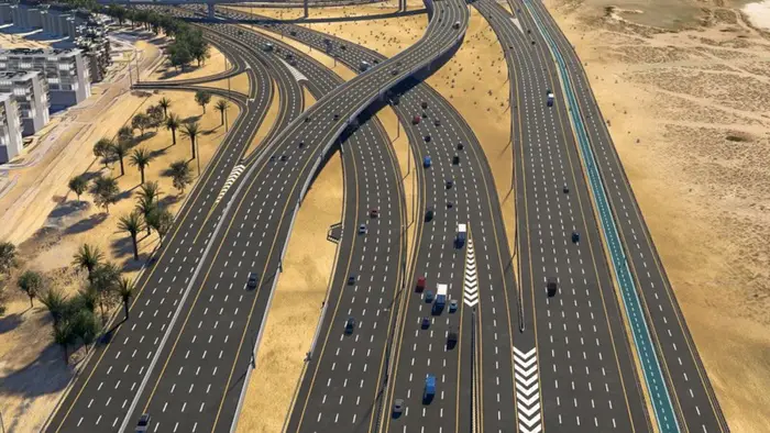 Render RTA del corridoio Latifa bint Hamdan: nuova arteria a piu corsie con svincoli e pista ciclabile a Dubai