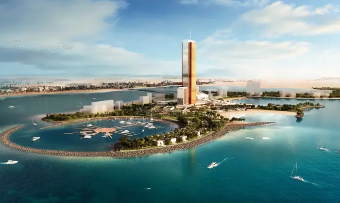 Render aereo di Wynn Al Marjan Island, il resort con casinò che traina lo sviluppo immobiliare di Ras Al Khaimah