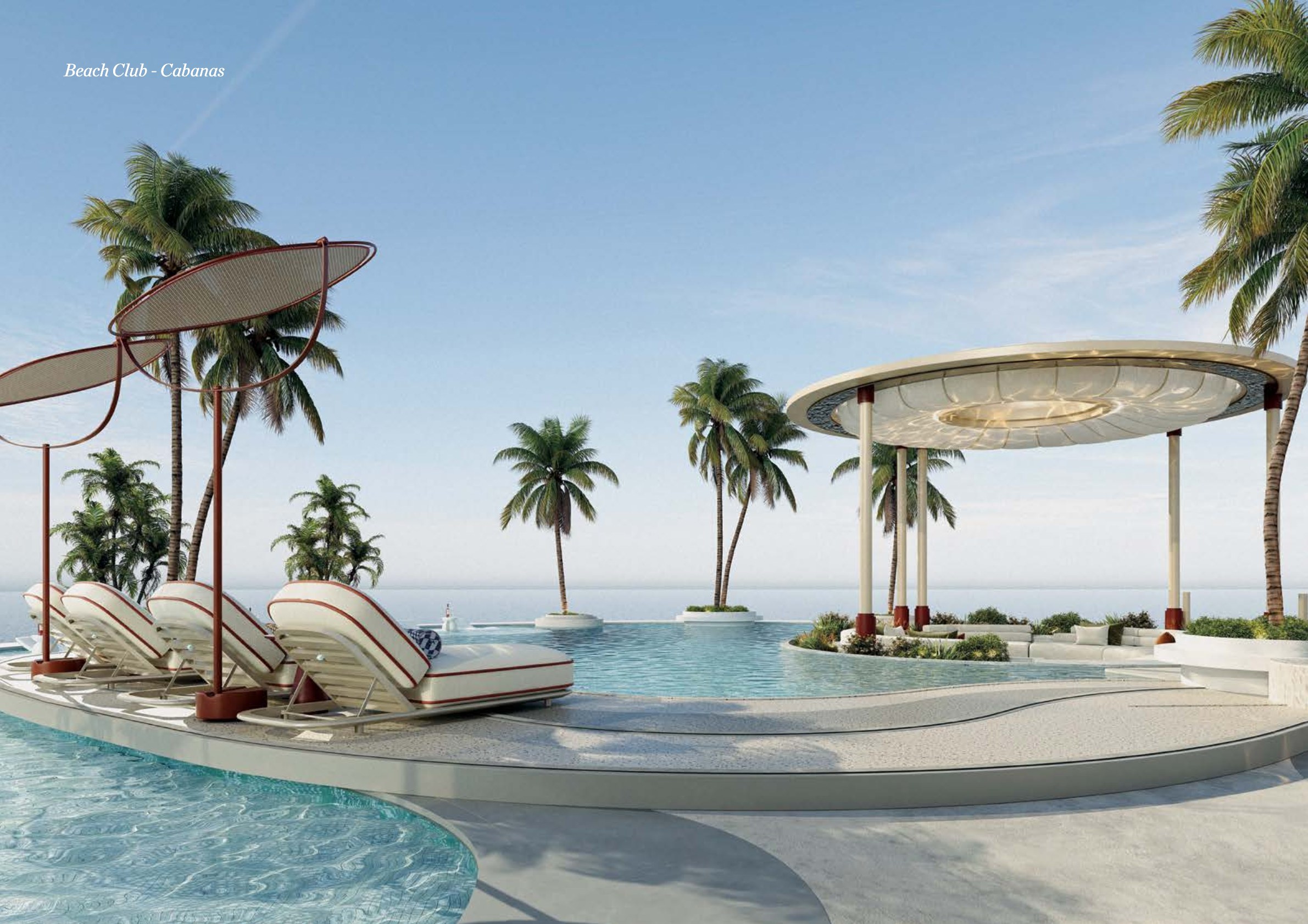 Rooftop Beach Club con infinity pool, cabanas e palme sull'acqua