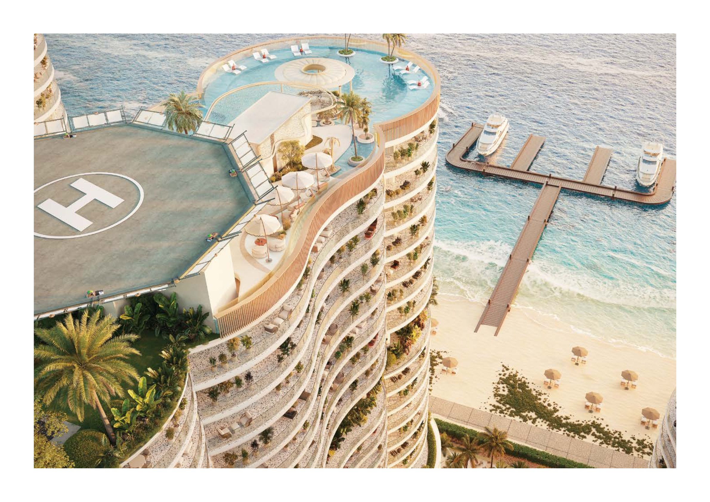 Vista aerea del rooftop con infinity pool, eliporto e marina privata
