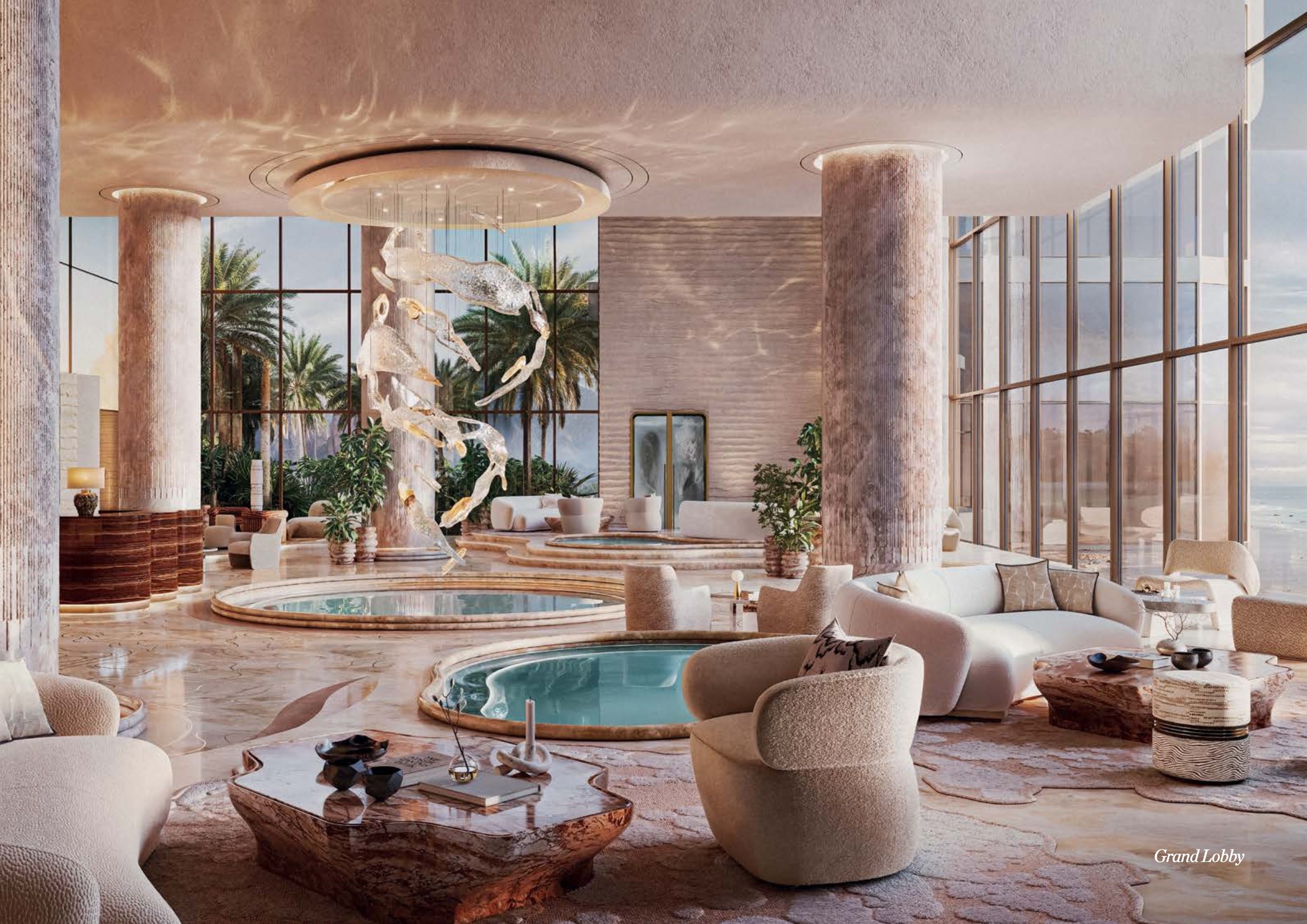 Grand Lobby con scultura in cristallo, piscine interne e arredi luxury