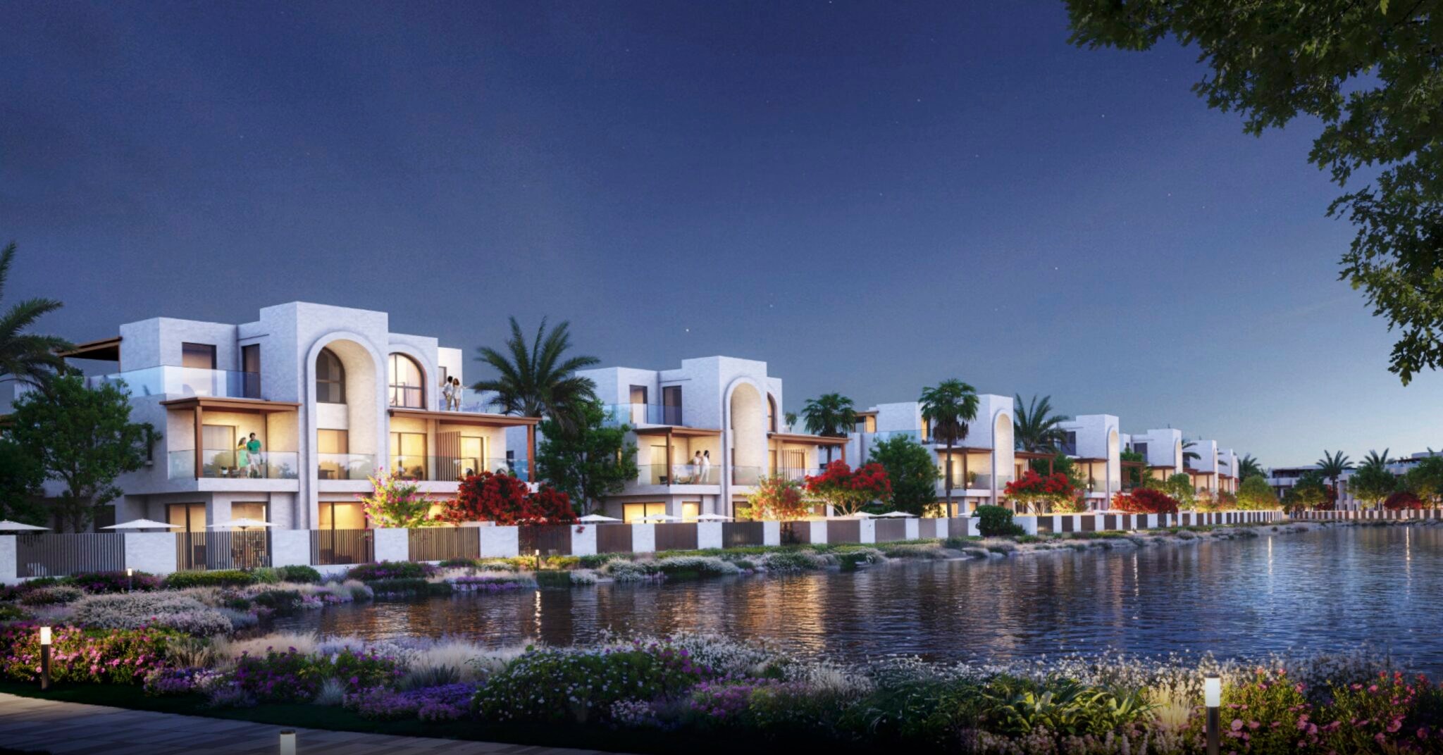 Le townhouse di Hayat by Dubai South affacciate sul lago al crepuscolo, render ufficiale Dubai South Properties