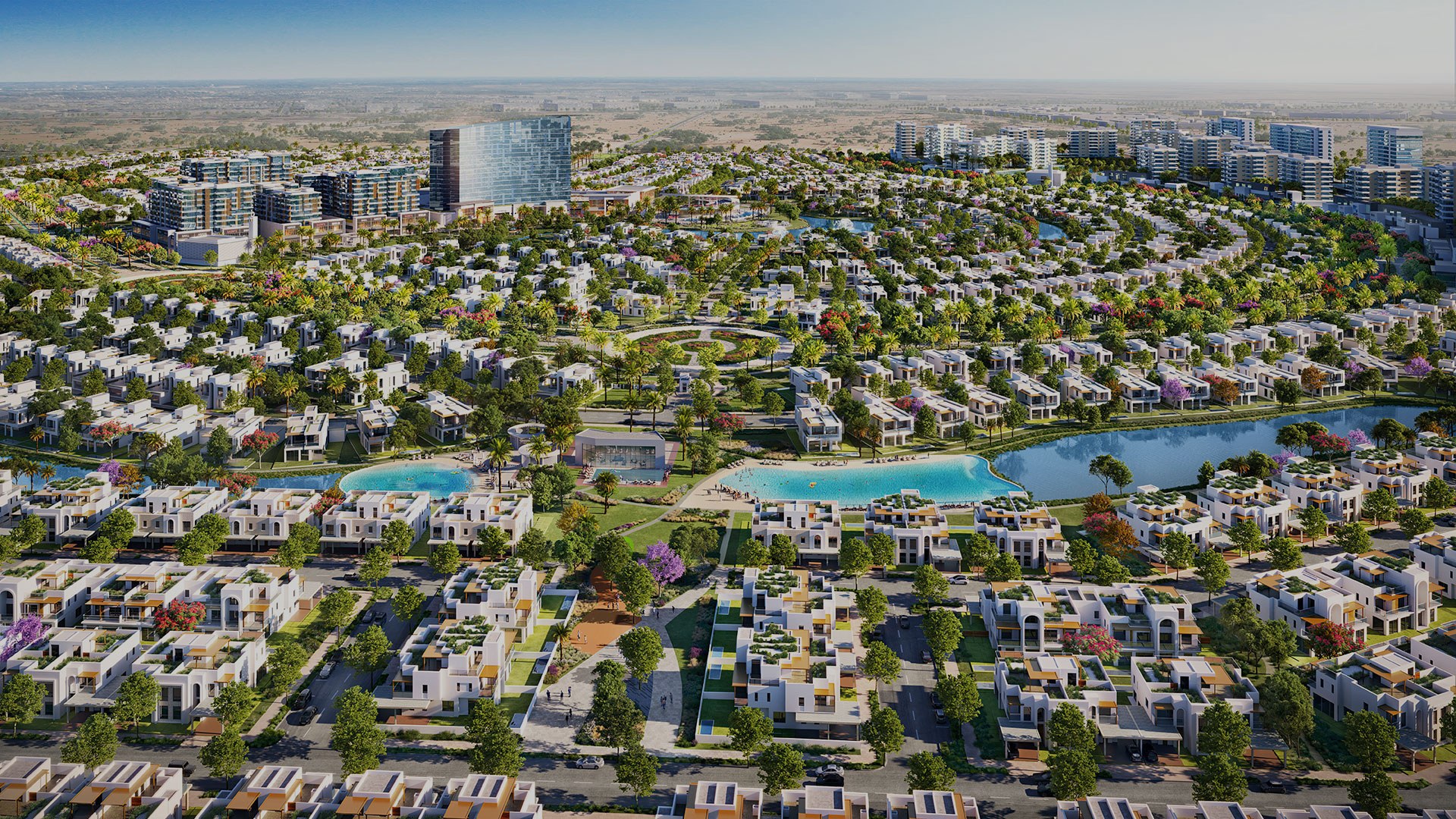 Vista aerea della community Hayat nel Golf District di Dubai South con laguna e parco centrale, render ufficiale