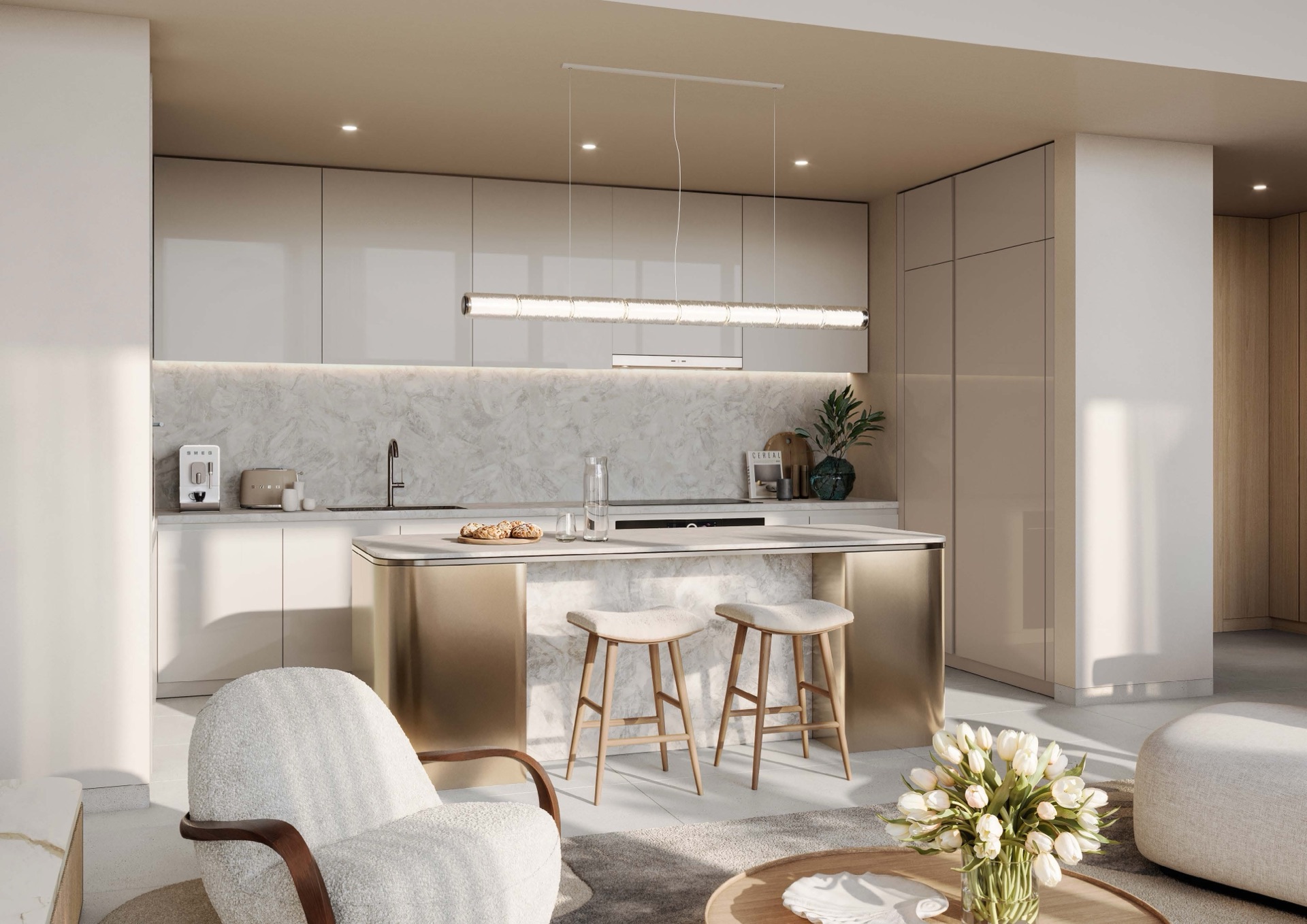 Palm Central — open kitchen apartment, finiture premium