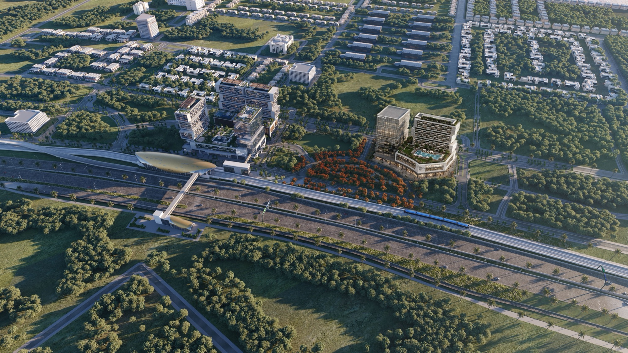 Vista aerea: la stazione metro, il parco e i due edifici Raw District