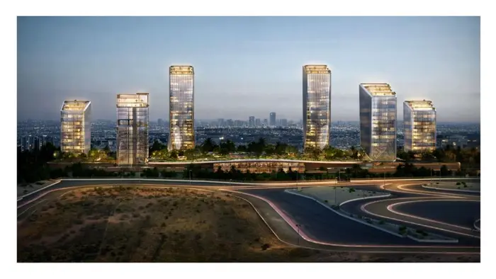 O1NE District, skyline delle sei torri direzionali al tramonto