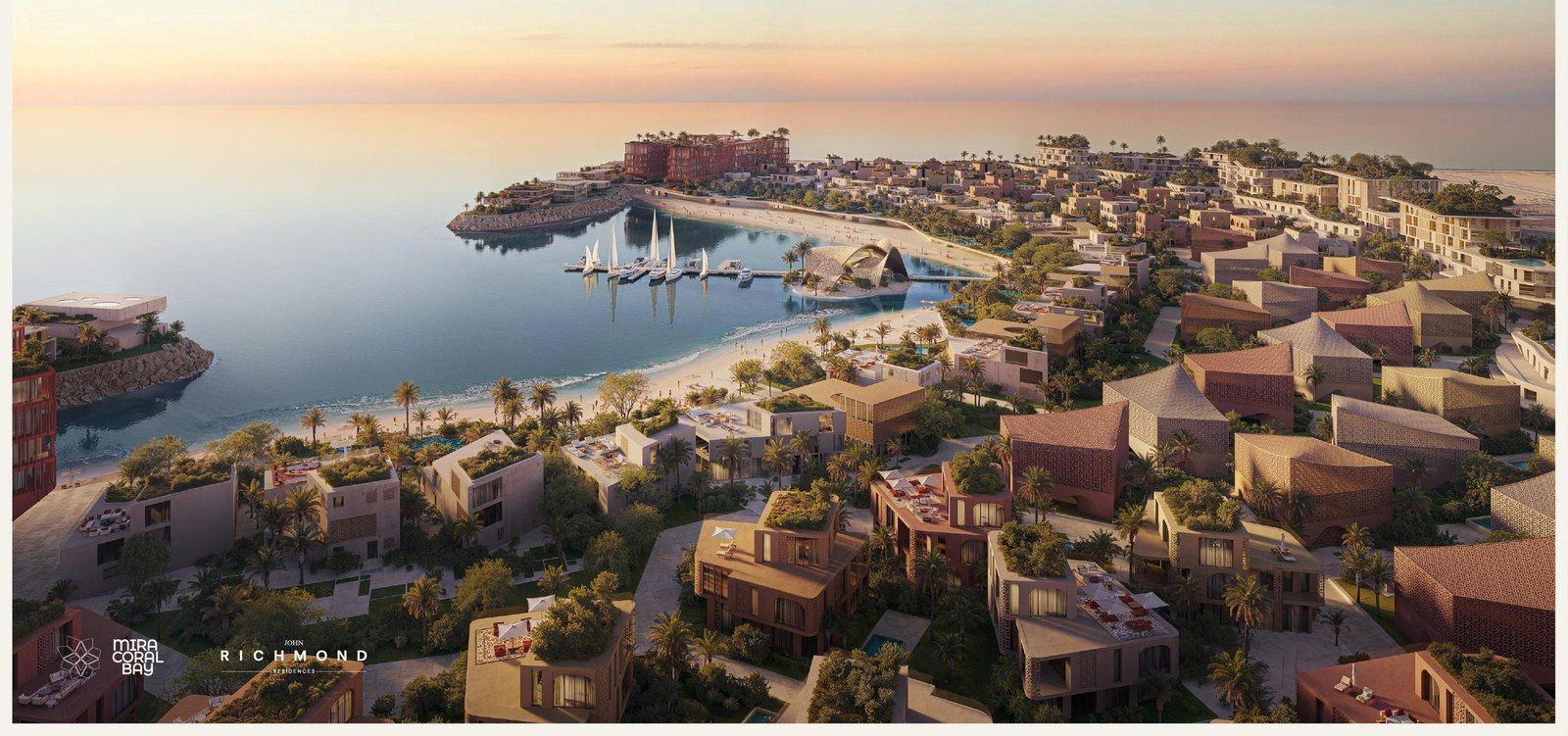 Vista aerea della baia di Mira Coral Bay ad Al Mairid, render ufficiale Mira Developments