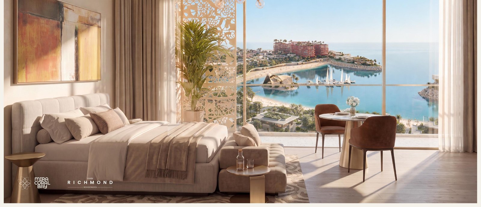 Interno arredato con vista sulla baia, render ufficiale