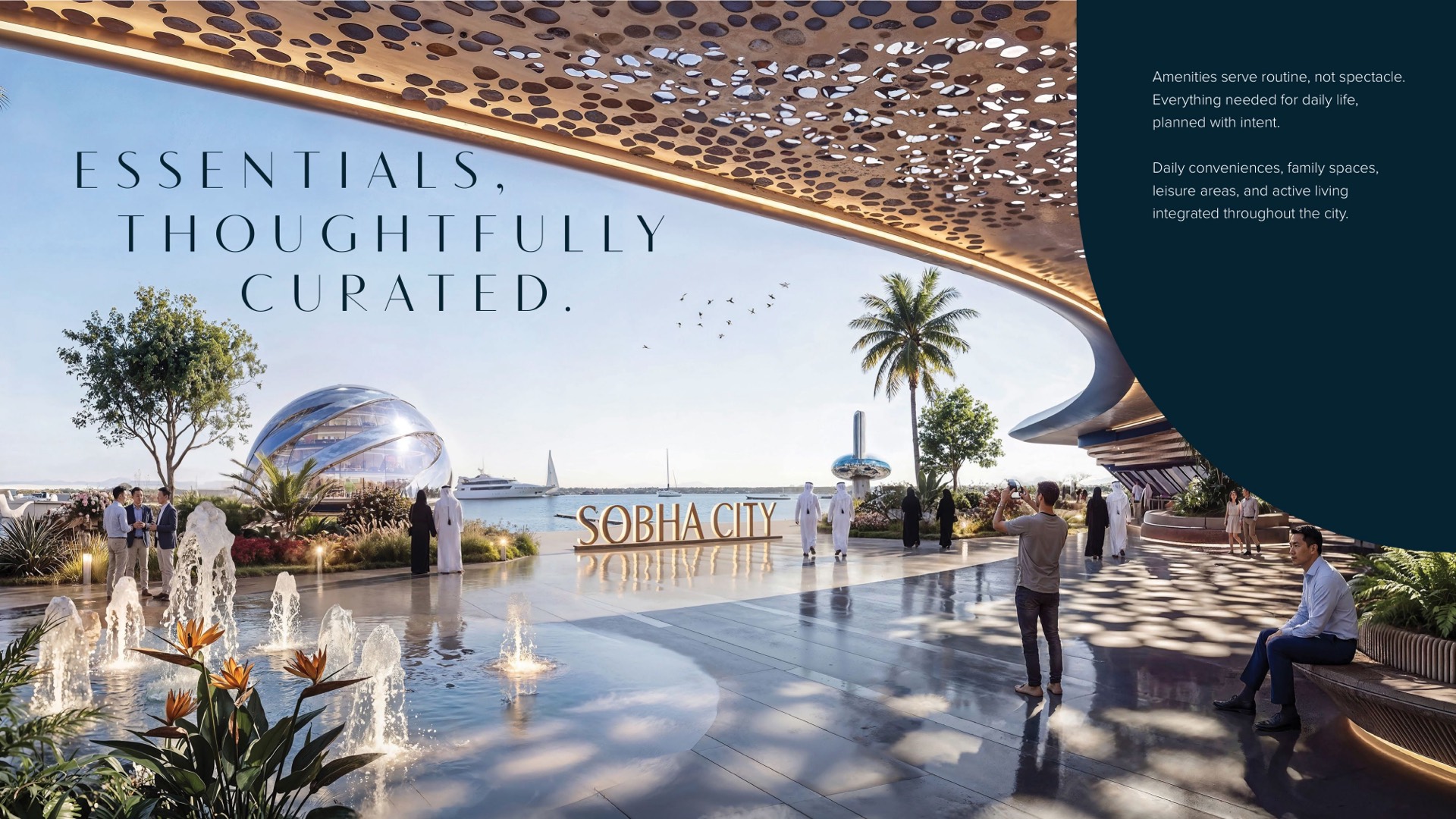 Essentials Thoughtfully Curated — plaza Sobha City con fontane e marina