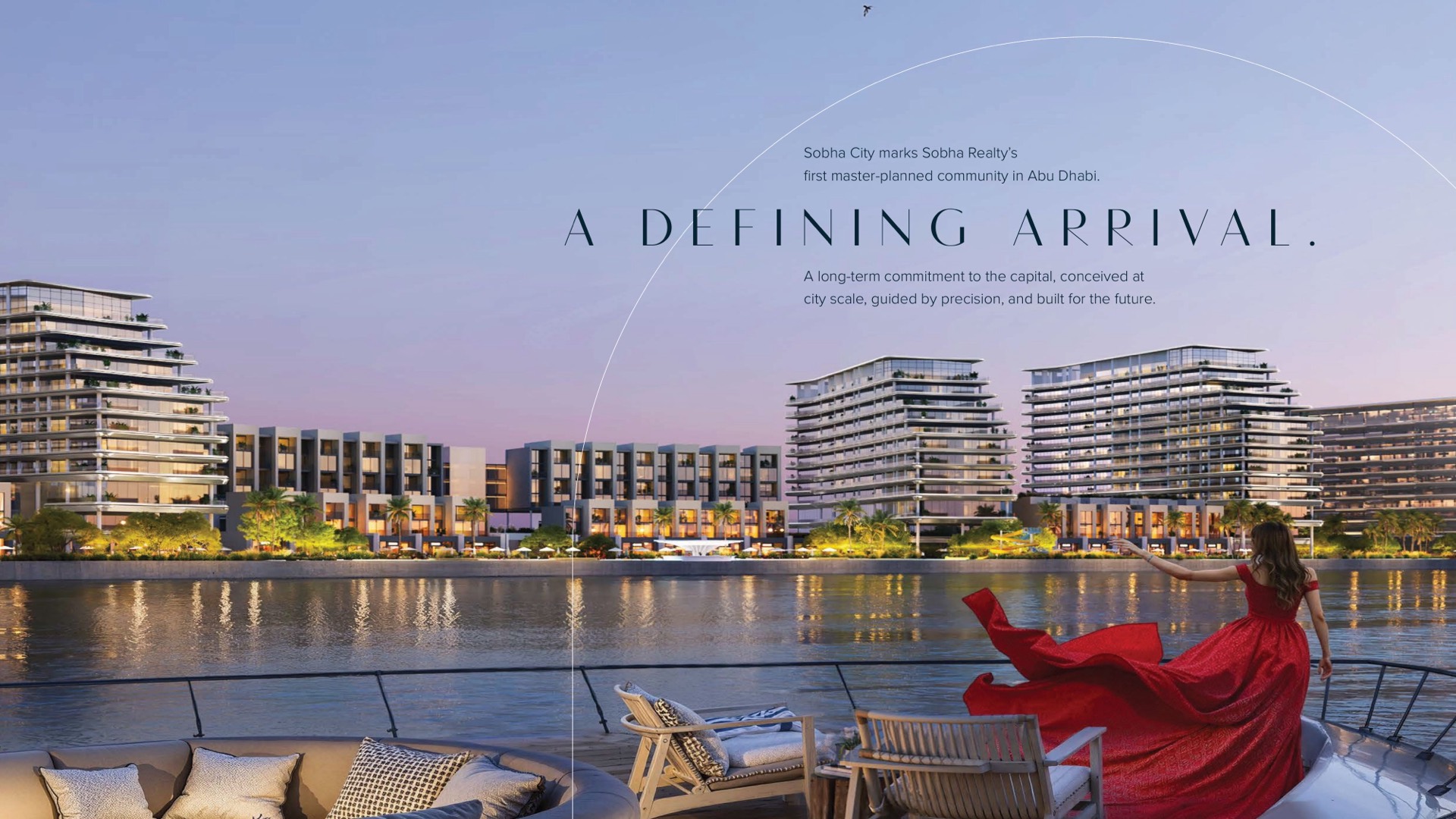 A Defining Arrival — vista canale sunset del masterplan Sobha City Abu Dhabi