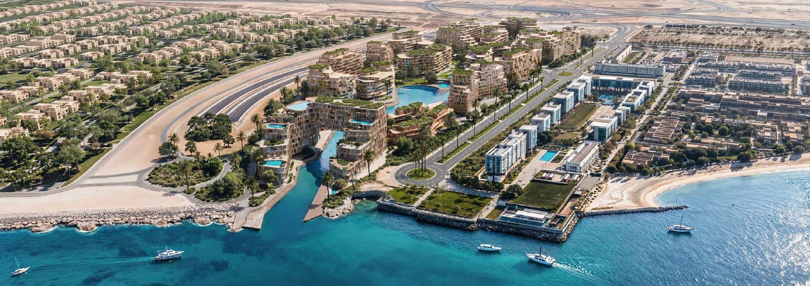 Vista aerea di The Wadi su Yas Island: la laguna balneabile e il canale, render ufficiale Cosmo Developments